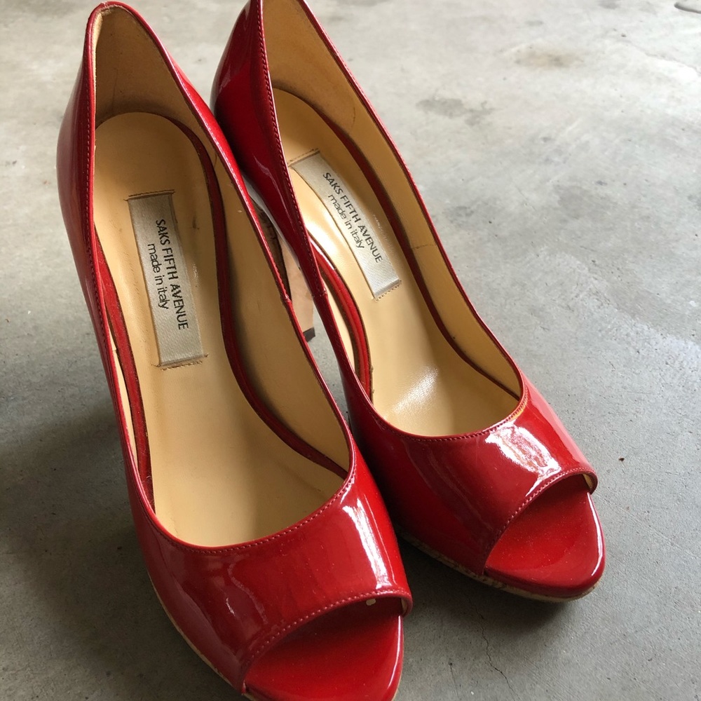 Saks Fifth Avenue Red Patent Leather OpenToe Pumps